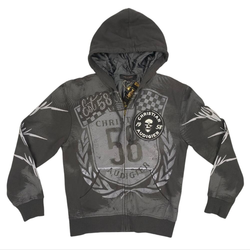 Christian Audigier Mens Platinum Hoodie Striped Crest